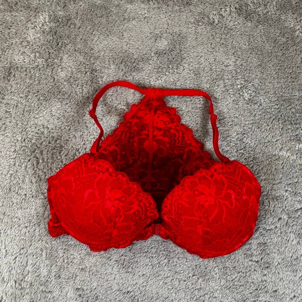 Victoria's Secret PINK Red Lace Front Close Push Up Racerback Bra 34D